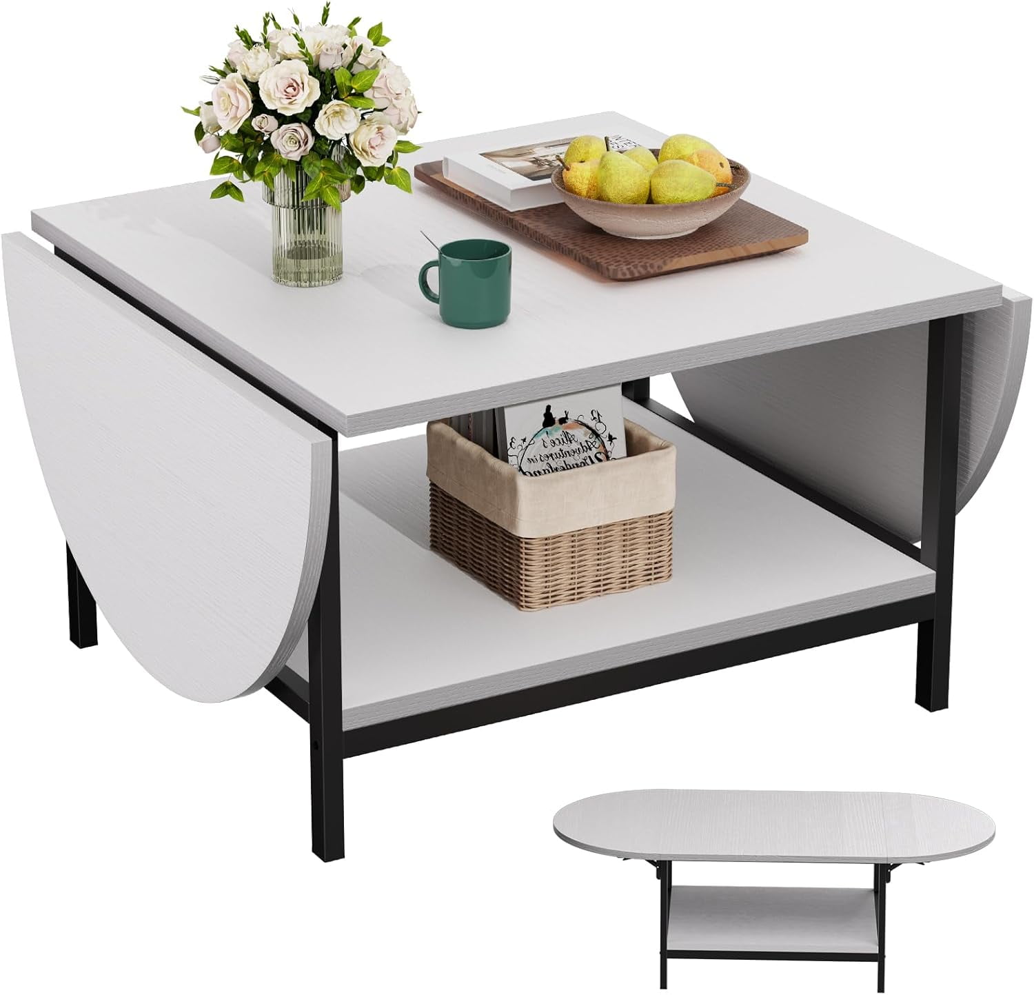White Modern Extendable Coffee Table with Storage and Foldable Panels