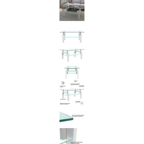 White Coffee Table | Used as Computer or Makeup Table | Tempered Glass & Coated Iron Tube | Self - Assembly Included