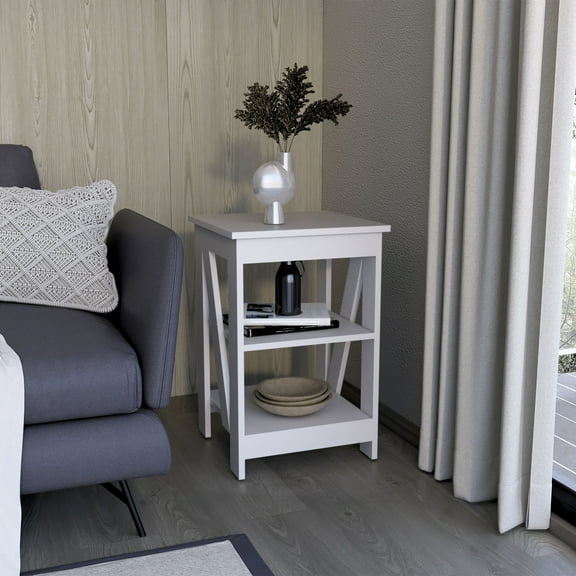 White Coffee Table With 3 Shelf - Modern Side For Small Spaces, Ample Storage Table, Living Room