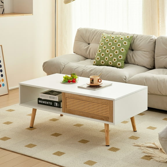 White Coffee Table With Solid Wood Legs, Sliding Door For Modern Home Office Area