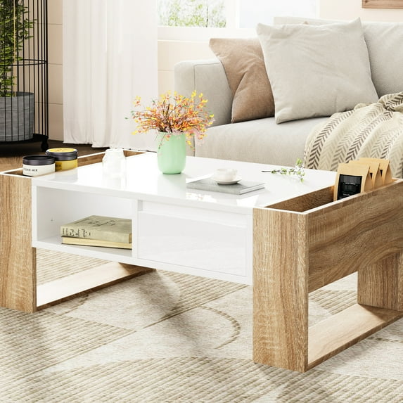 Coffee Table with High Glossy Desktop and Metal Slide Drawers - Easy to Maintain in Living Room