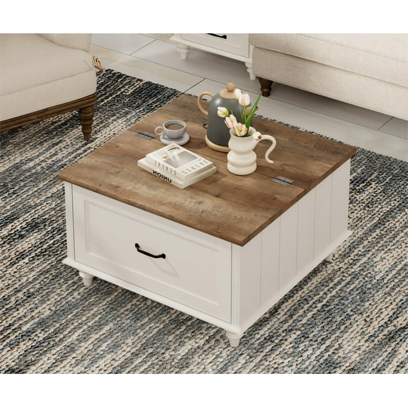 White Coffee Table with Lift Top, Square Wood Accent Tea Center Table for Living Room, White & Oak, 30 Inch