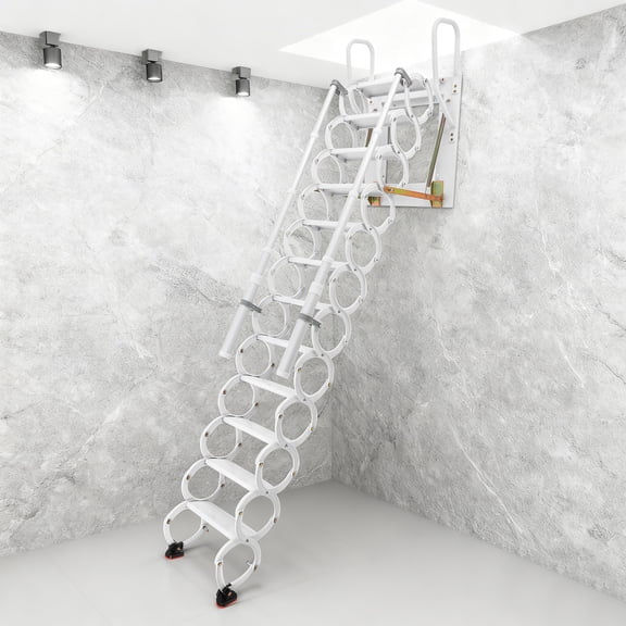 White Cold-Rolled Steel Wall-Hung Stairs 60x100cm 12-Step Telescopic Ladder With Handrails Bearing 661.39 Lbs