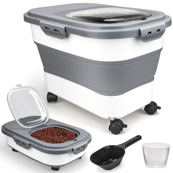 White Collapsible Rolling Airtight Dog Food Storage Container, 10-20lb Capacity