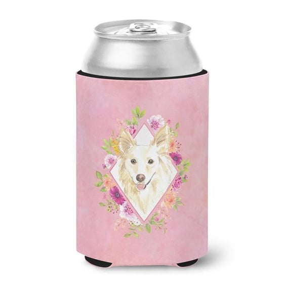 White Collie Pink Flowers Can or Bottle Hugger