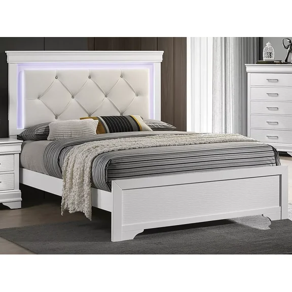 White Color 1pc Queen Size Bed Bedroom Set Panel Bed w LED Unique Tufted HB Texture FB Wooden