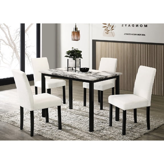 White Color 5pc Dining , Faux Marble Table Top And Upholstered Cushioned Chairs, Modern Delight Contemporary White, For Enjoyable Occasions