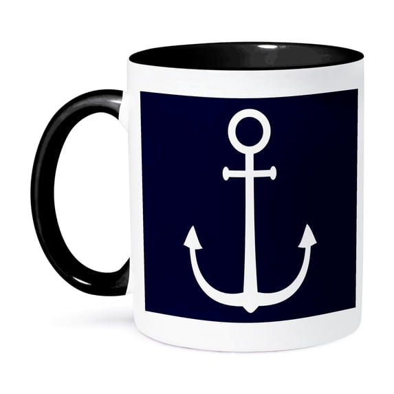3dRose, White color anchor on dark blue, navy background. Naval design, 15oz Two-Tone Black Mug