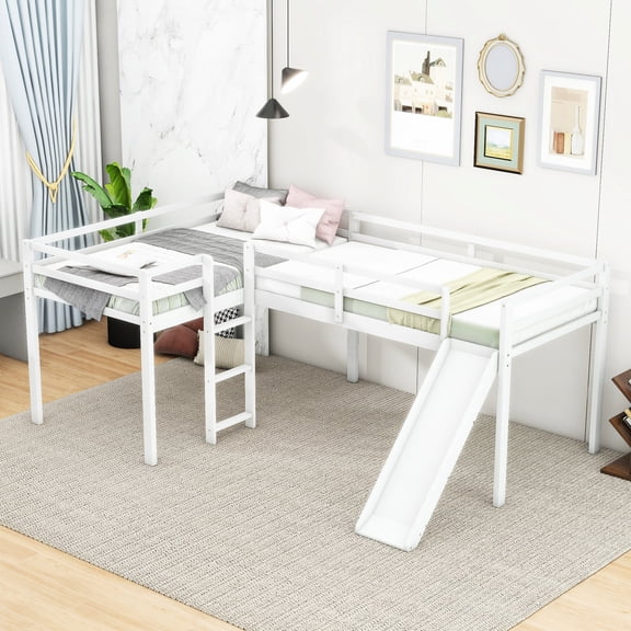 White Color | L-Shaped Loft Bed with Ladder and Slide for Creating Extra Under-Bed Space | Enjoy Stability and Bedtime Entertainment