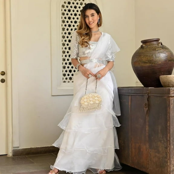 Tread India Women's Designer Ruffle Georgette Saree with Blouse Piece - White