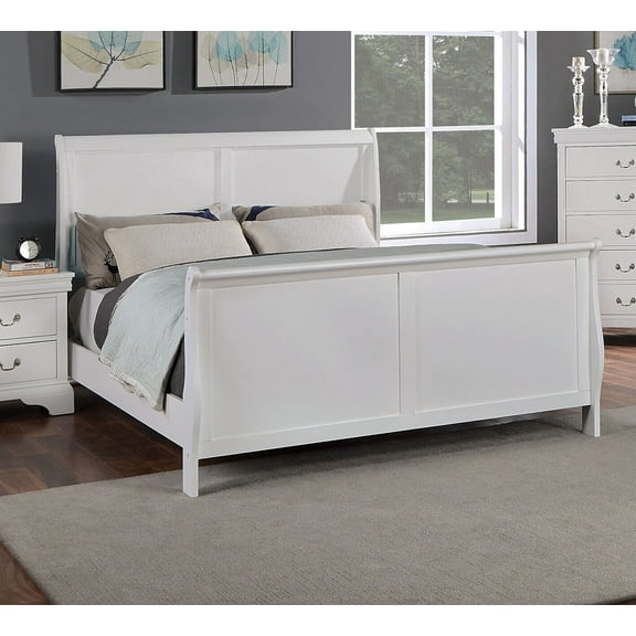 White Color Wooden Bedroom Furniture 1pc California king Size Bed Contemporary Modern Bedframe Sleigh Design
