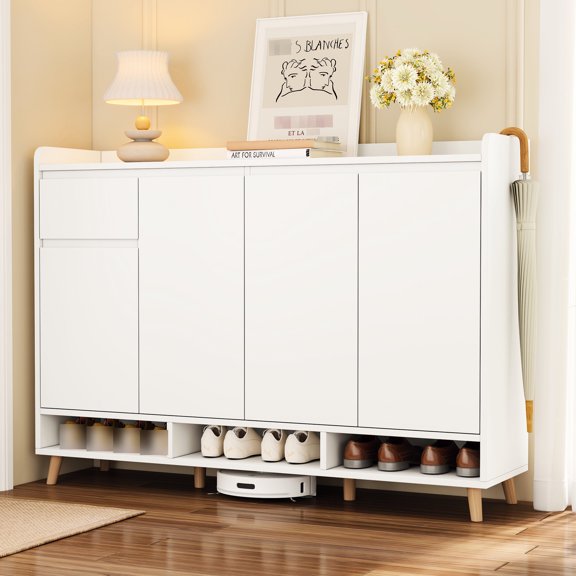 White Color and Sleek Design - Beveled Handles for Easy Reach - Entryway and Living Room Storage - Stable and Functional