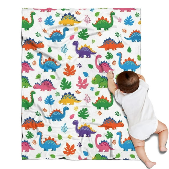 White Colorful Cartoon Dinosaurs Leaves Pattern Blanket,Comfortable Soft Lamb Wool Throw Blanket,All Season,Warm Lightweight Blankets for Sofa Bed Couch Living Room Chair,30"x40"