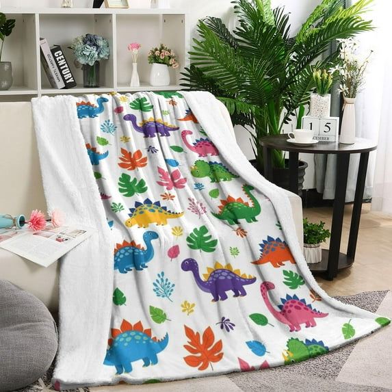 White Colorful Cartoon Dinosaurs Leaves Pattern Blanket,Comfortable Soft Lamb Wool Throw Blanket,All Season,Warm Lightweight Blankets for Sofa Bed Couch Living Room Chair,40"x50"