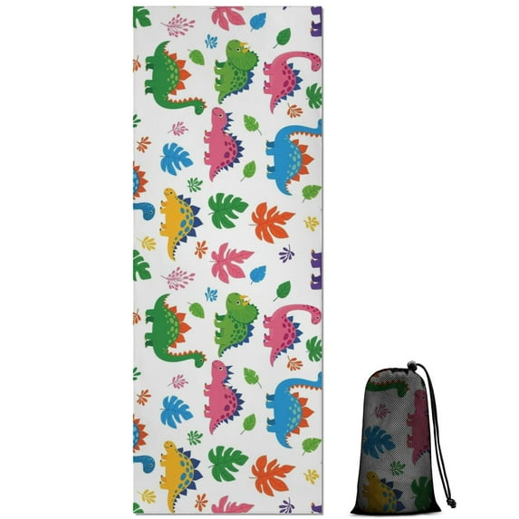 White Colorful Cartoon Dinosaurs Leaves Pattern Hot Yoga Mat Towel Non Slip for Hot Yoga - Quick-Drying Yoga Mat Cover with 4 Corner Pockets with Travel Bag - Hot Yoga Towel Non Slip 70"x26"
