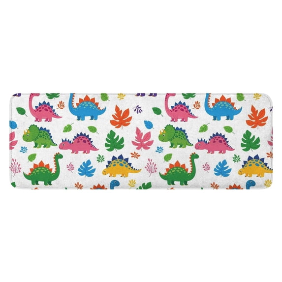White Colorful Cartoon Dinosaurs Leaves Pattern Kitchen Rug Mat,Kitchen Runner Rugs Non Skid Washable,Decorative Kitchen Floor Mats for Kitchen,Sink,Laundry,17"x47.2"