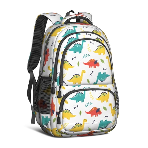 White Colorful Dinosaur Decoration Pattern Cute School Backpack Bag with Padded Back and Adjustable Shoulder Straps 16.9 X 12.6 X 5.9 Inches