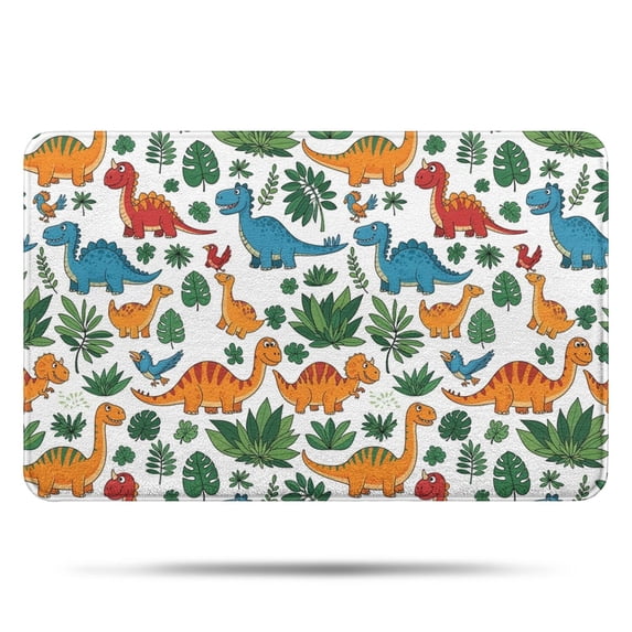 White Colorful Dinosaurs Jungle Pattern Bathroom Rugs Mat,Non Slip Microfiber Bathroom Rug,Rubber Backing,Soft Bathroom Mats for Bathroom Floor,Tub and Shower,17x27in(43x68cm)