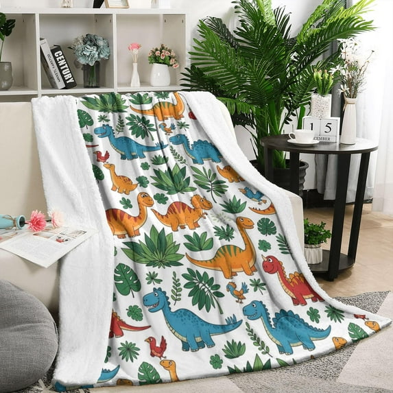 White Colorful Dinosaurs Jungle Pattern Blanket,Comfortable Soft Lamb Wool Throw Blanket,All Season,Warm Lightweight Blankets for Sofa Bed Couch Living Room Chair,50"x60"