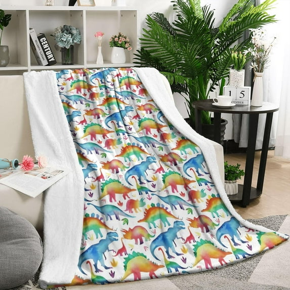 White Colorful Dinosaurs Pattern Blanket,Comfortable Soft Lamb Wool Throw Blanket,All Season,Warm Lightweight Blankets for Sofa Bed Couch Living Room Chair,50"x60"