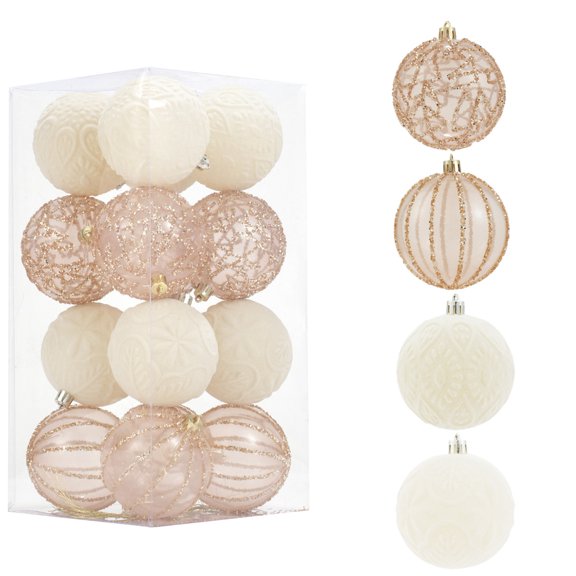 White Colorful Embroidered Velvet Christmas Balls 16 Pack For Christmas Tree Decorations Plastic Material