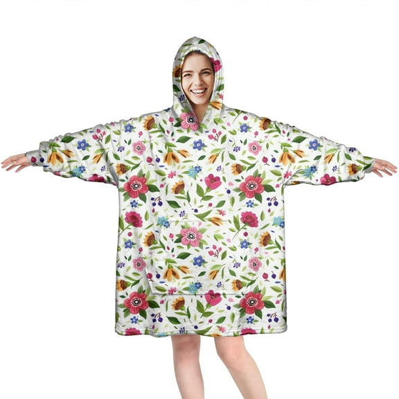 White Colorful Flower Leaf Pattern Wearable Oversized Blanket,Wearable Blanket Hoodie for Adults,Cozy Hooded Blankets with Super Pockets,Super Warm Fuzzy Pullover for Women & Men