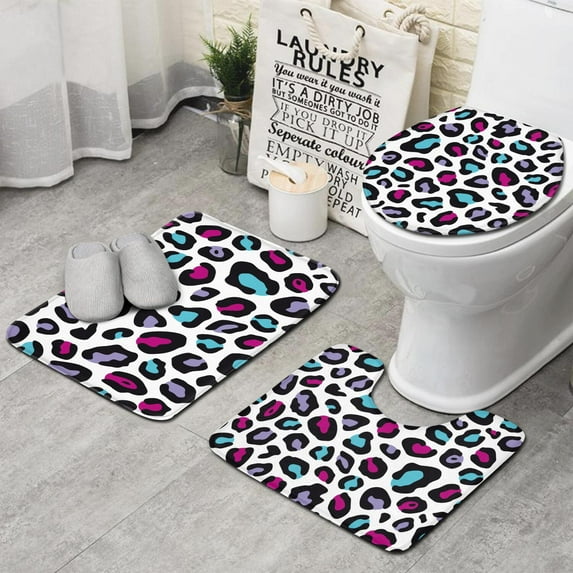 White and Colorful Of Leopard Print Bathroom Rugs Sets 3 Piece,Toilet Cover Set,Absorbent Non Slip Bathroom Mats Sets with U-Shaped Contour Rug Toilet Rug Set