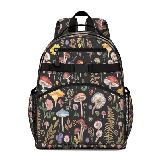 Red Mushroom Flower Black Pattern Backpack for School,Cute School Bag,Schoolbag with Adjustable Shoulder Straps & Padded Back,15.25"x11.5"x5.25"