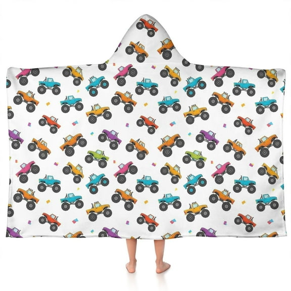 White Colorful Monster Cartoon Trucks Pattern Hooded Bath Towel,50"x30" for Ages 3 To 12 Kids, Quick Dry Lightweight Soft Microfiber Hood Beach Towel Cover Up for Kids