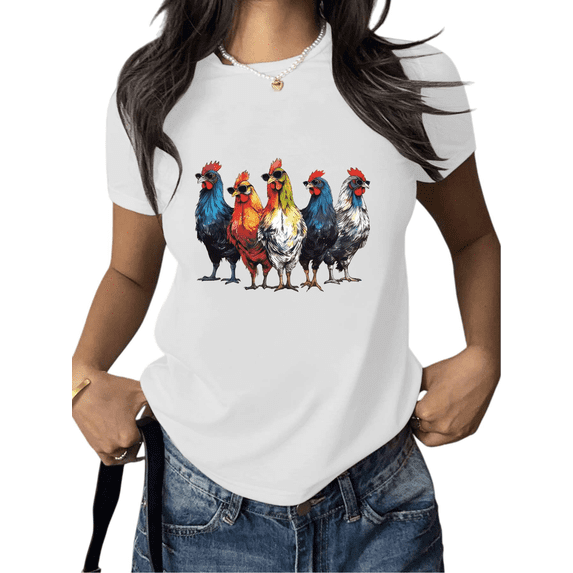 White Colorful Rooster Print Tshirt Farm Graphic Tees Casual Country Style Shirts Women Short Sleeve S-5XL Daily Gift Tops