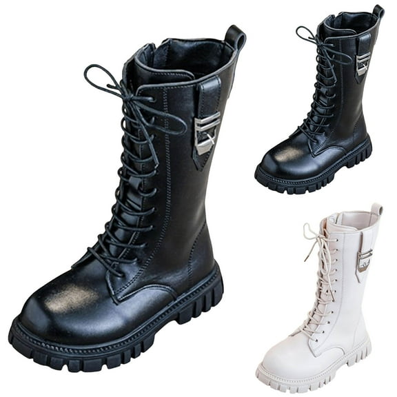 White Combat Boots Toddler Girls Mid Calf Boots Lace up Side Zipper Chunky Sole Flatform Low Heel Leather Fashion Ankle Boots