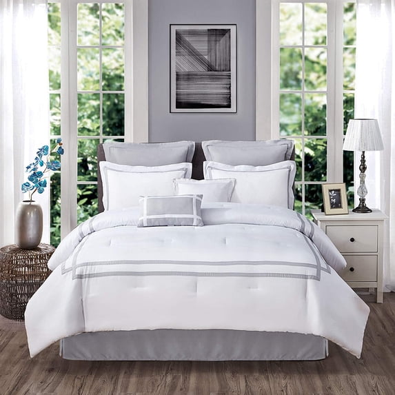 White Comforter King Size,8-Piece Hotel King Comforter Bedding Sets with Matching Bed Skirt, Pillow Shams, Decorative Pillows,Modern Bed Coverings for All Seasons