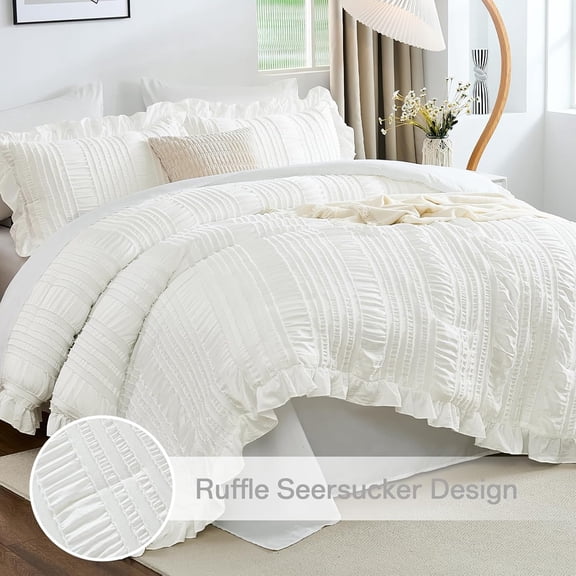 White Comforter Set King, 7 Pieces Ruffle Comforter Set with Sheets, Textured Bed in a Bag for King Bed 104"×90"