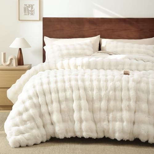 White Comforter Set King – Ultra Soft & Warm Faux Fur Comforter for Winter, Elegant Fluffy Comforter King Set with Pillowcases, Cozy White Bedding Set