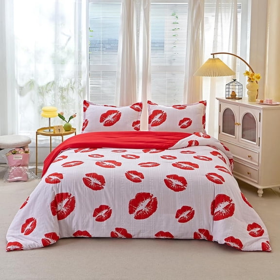 White Comforter Set Red Lips Size 2 count with Pillowsham | Valentines Bedding Set for Seasons
