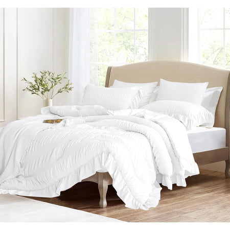White Comforter Set, Seersucker Comforter Soft Bedding Set Size 3 count Set, Down Alternative Light Weight Comforter Set (White, 68"x90")