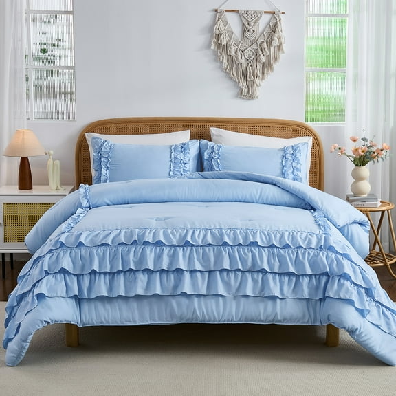 White Comforter Set,Waterfall Ruffle Shabby Chic Farmhouse Bedding Sets,Soft Fluffy Boho Comforters Sets for All Season,Vintage Ruffled 3 PCS Lightweight Quilt Set for Home Decor
