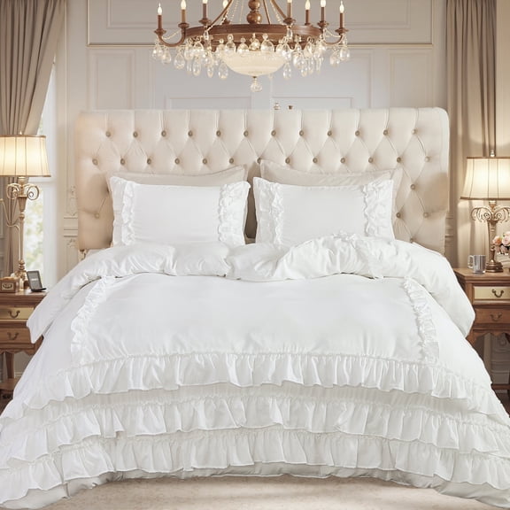 White Comforter Set,Waterfall Ruffle Shabby Chic Farmhouse Bedding Sets,Soft Fluffy Boho Comforters Sets,Vintage Ruffled 3 Pcs Lightweight Quilt Set