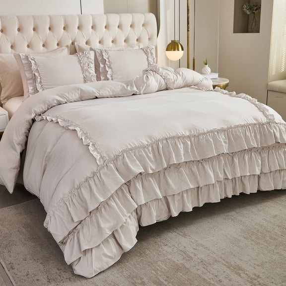 White Comforter Set,Waterfall Ruffle Shabby Chic Farmhouse Bedding Sets,Soft Fluffy Boho Comforters Sets for All Season,Vintage Ruffled 3 PCS Lightweight Quilt Set for Home Decor