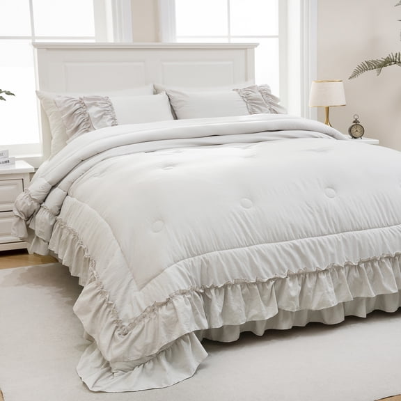 White Comfrter Set Boho Bedding Set Shabby Chic 2 Layers Ruffles Bedroom Home Decor Ultra Soft Microfiber Farmhouse Comforter Bohemian Quilt Set For Girls Women