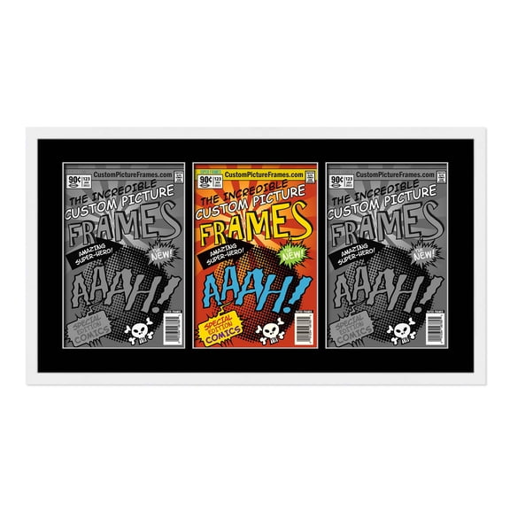 White Comic Book Frame with Black Mat - 3 Openings to Display 3 6.875"x10.5" Current Era Comic
