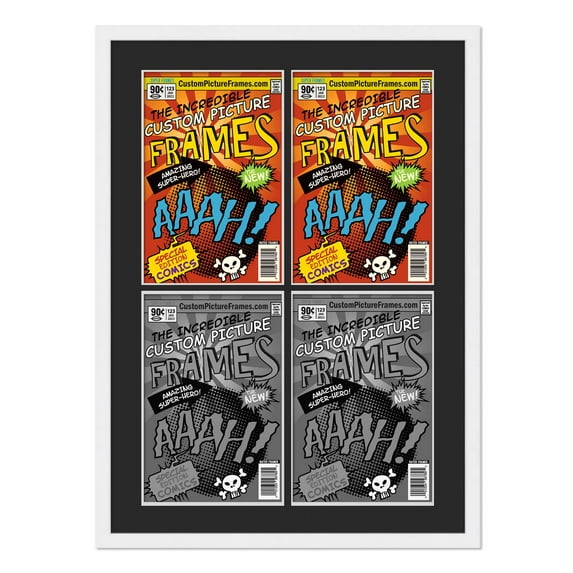 White Comic Book Frame with Black Mat - 4 Openingss to Display 4 7.75"x10.5" Golden Age Comic