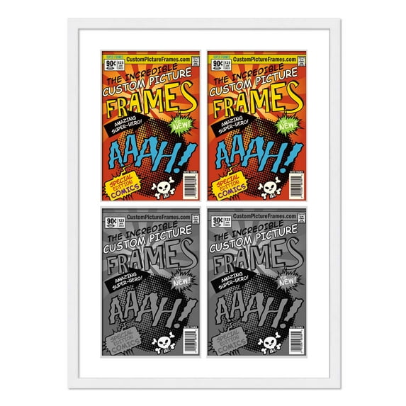 White Comic Book Frame with White Mat - 4 Openingss to Display 4 7.125"x10.5" Silver Age Comic