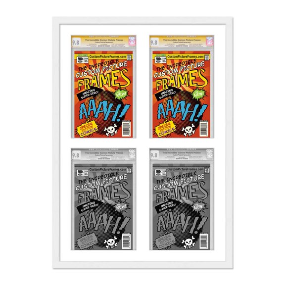 White Comic Book Frame with White Mat - 4 Openingss to Display 4 CGC, CBCS or PGX Graded Comic