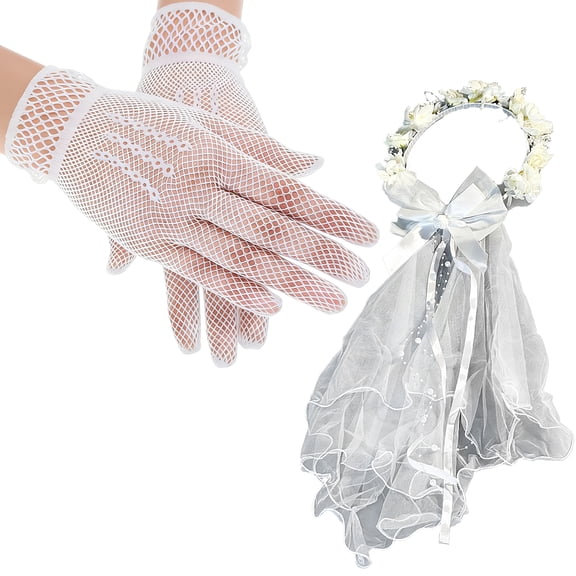 White Communion Veil for Girls 9.1 in Wreath with 17.7 in Fabric Tulle Headwear, Lace Bowknot Design, Includes Long 11 in Fishnet Gloves for Holy Catholic Ceremony, Pageant, Party