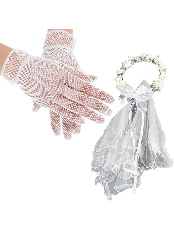 White Communion Veil for Girls 9.1 in Wreath with 17.7 in Fabric Tulle Headwear, Lace Bowknot Design, Includes Long 11 in Fishnet Gloves for Holy Catholic Ceremony, Pageant, Party