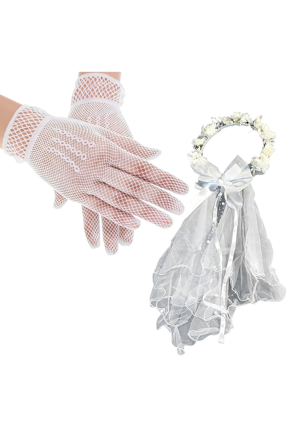 White Communion Veil for Girls 9.1 in Wreath with 17.7 in Fabric Tulle Headwear, Lace Bowknot Design, Includes Long 11 in Fishnet Gloves for Holy Catholic Ceremony, Pageant, Party