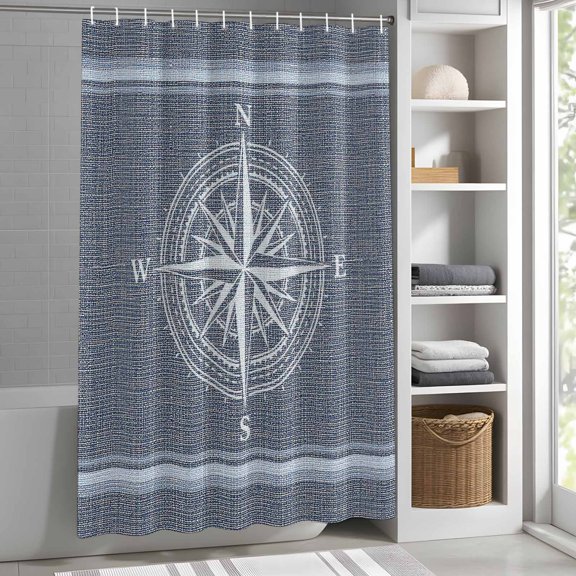 White Compass Rose Shower Curtain for Bathroom, Nautical Symbol Striped Border Charcoal Fabric Shower Curtain Set with Hooks, Waterproof Washable Bath Curtain for Bathroom Decor 36"x78"