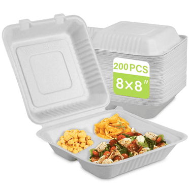 White Compostable Take Out Container 8x8, 200pack Disposable To Go Food Boxes With 3 Compartments, Biodegradable Clamshell Container