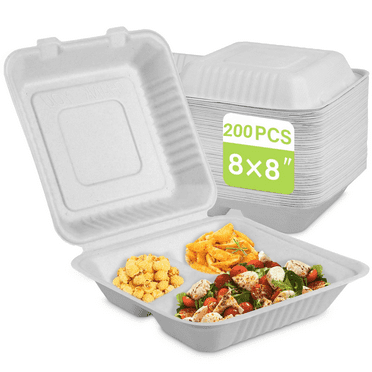 White Compostable Take Out Container 8x8, 200pack Disposable To Go Food Boxes With 3 Compartments, Biodegradable Clamshell Container